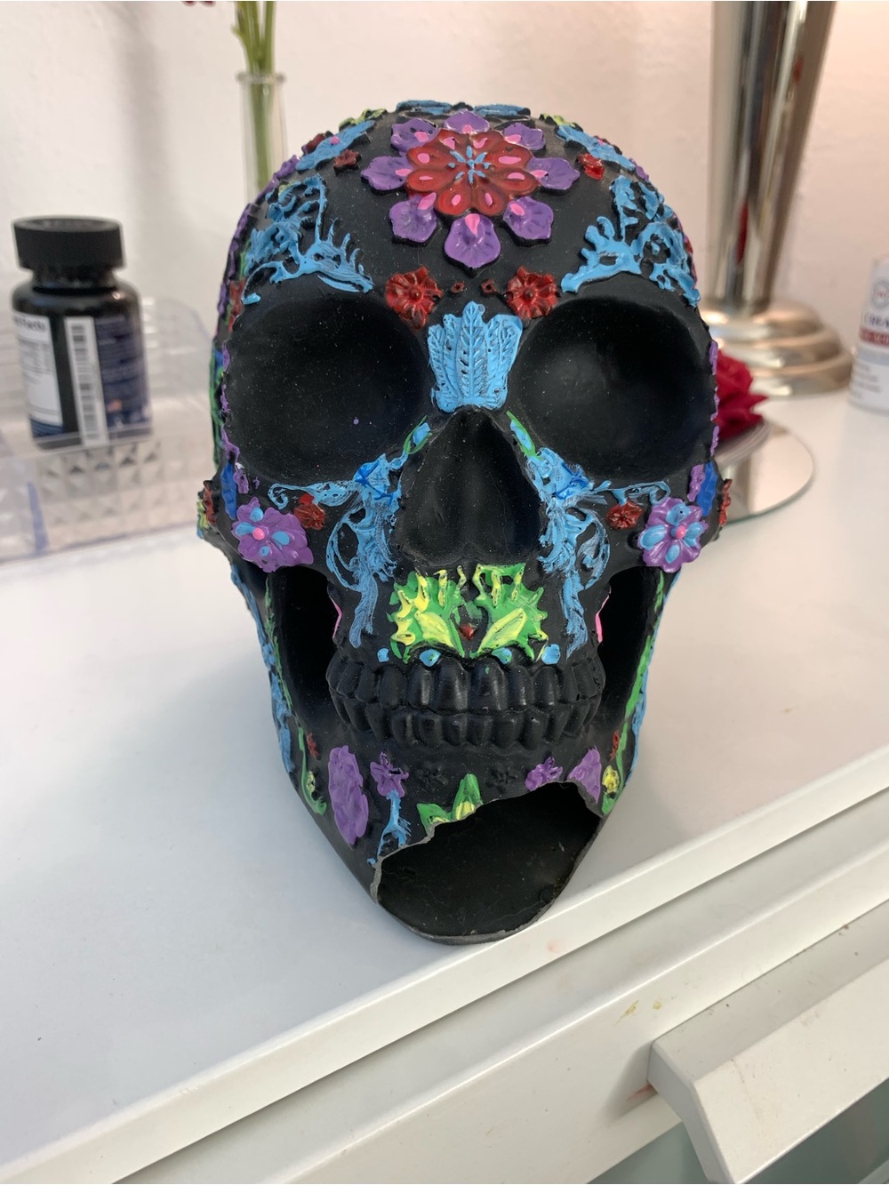 Hand Crafted Black Day of the Dead Sugar Skull with Multicolor Floral Accents